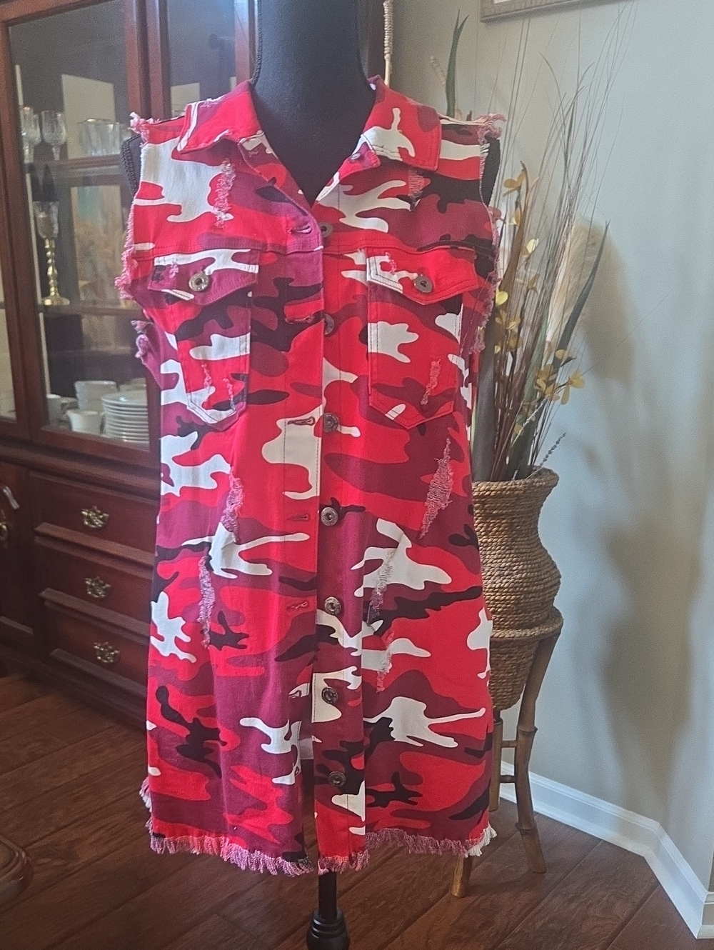 Sleeveless Red Camo Button-Front Mini Dress